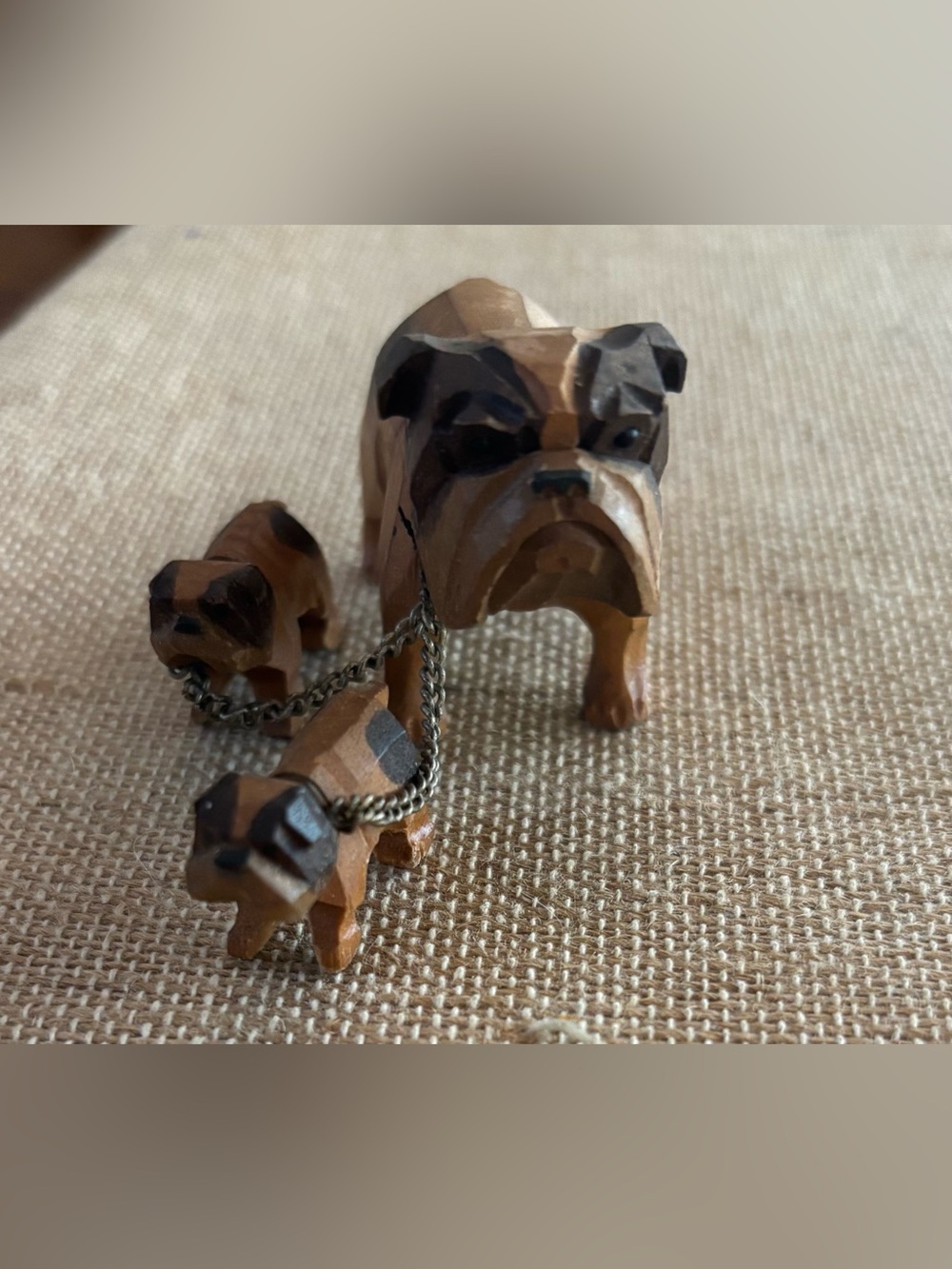 Vintage English Bulldog Dog Figurines Carved Wood Mom 2 Puppies Chain Dogs Small